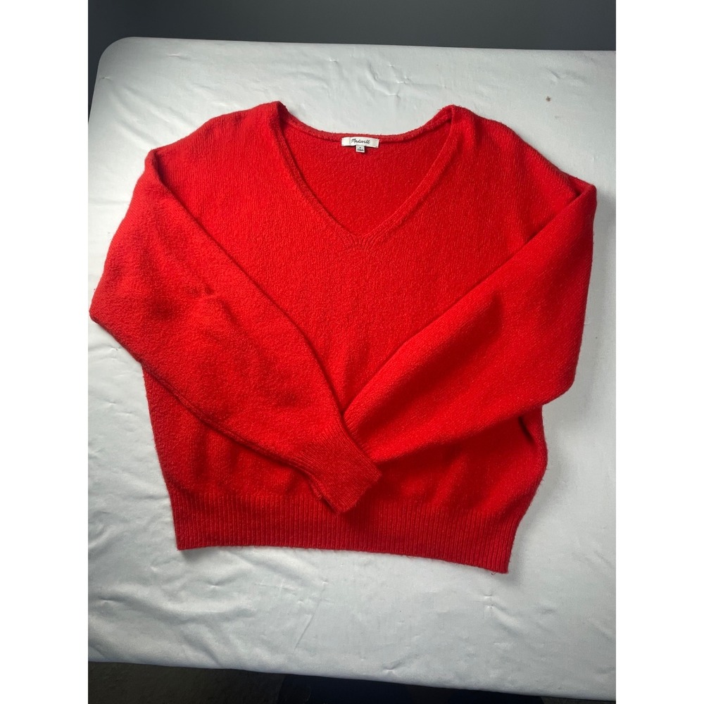 Madewell Womens Red V-Neck Cotton Merino Wool Blend Sweater Medium